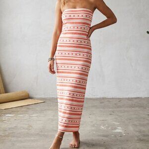Roxy Orange White Striped Boho Ikat Tube Maxi Dress Heart Logo Size Med